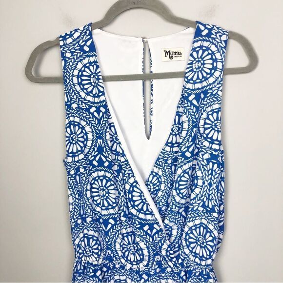 SHOW ME YOUR MUMU | Riri Blue & White Romper Mykonos Print Women’s Size Medium - Picture 3 of 9